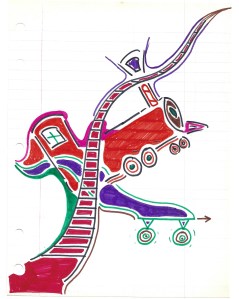 Doodle of a locomotive with train tracks appearing to swoop over the top of it from bottom left to rop right of the doodle. 