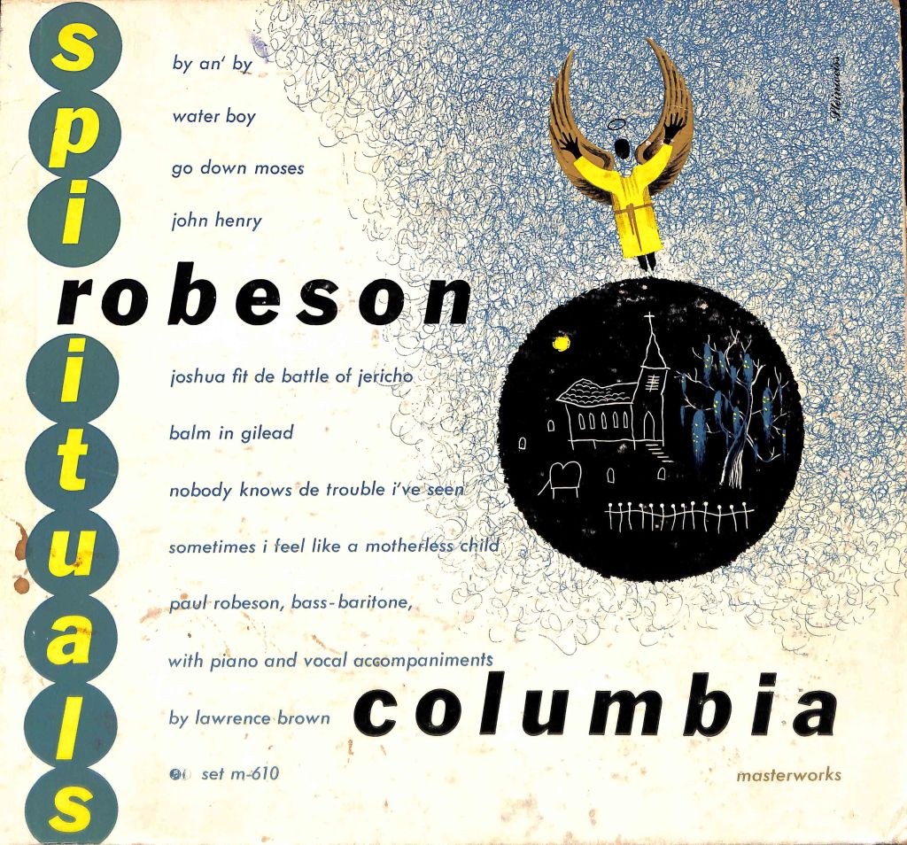 Image: sketch of a church with an angel flying above it. Text: Robeson Spirituals.