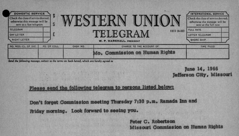 Western Union Telegram; text reads "Don't forget Commission meeting Thursday 7:30 p.m. Ramada Inn and Friday morning. Look forward to seeing you. Peter C. Robertson, Missouri Commission on Human Rights."